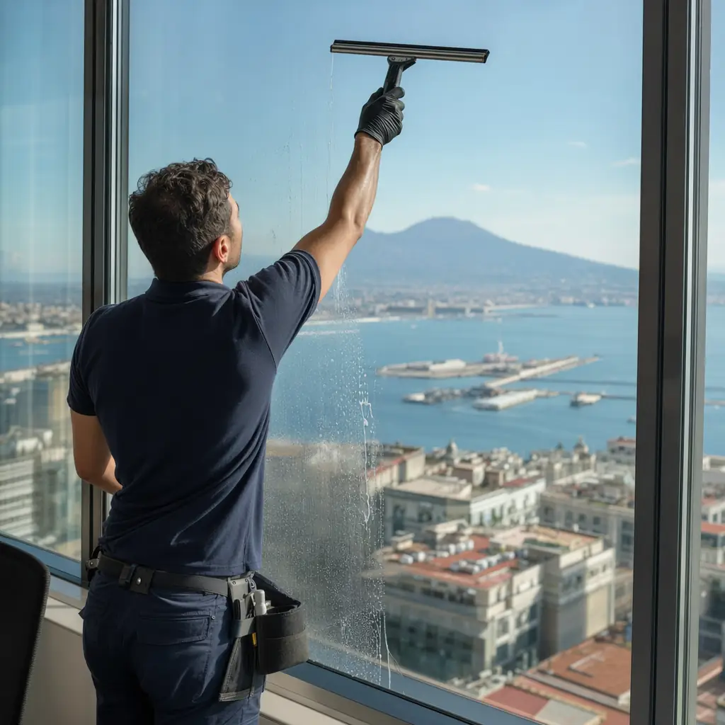Lavaggio professionale vetrate uffici a Napoli, con operatore qualificato e vista panoramica sul Vesuvio.