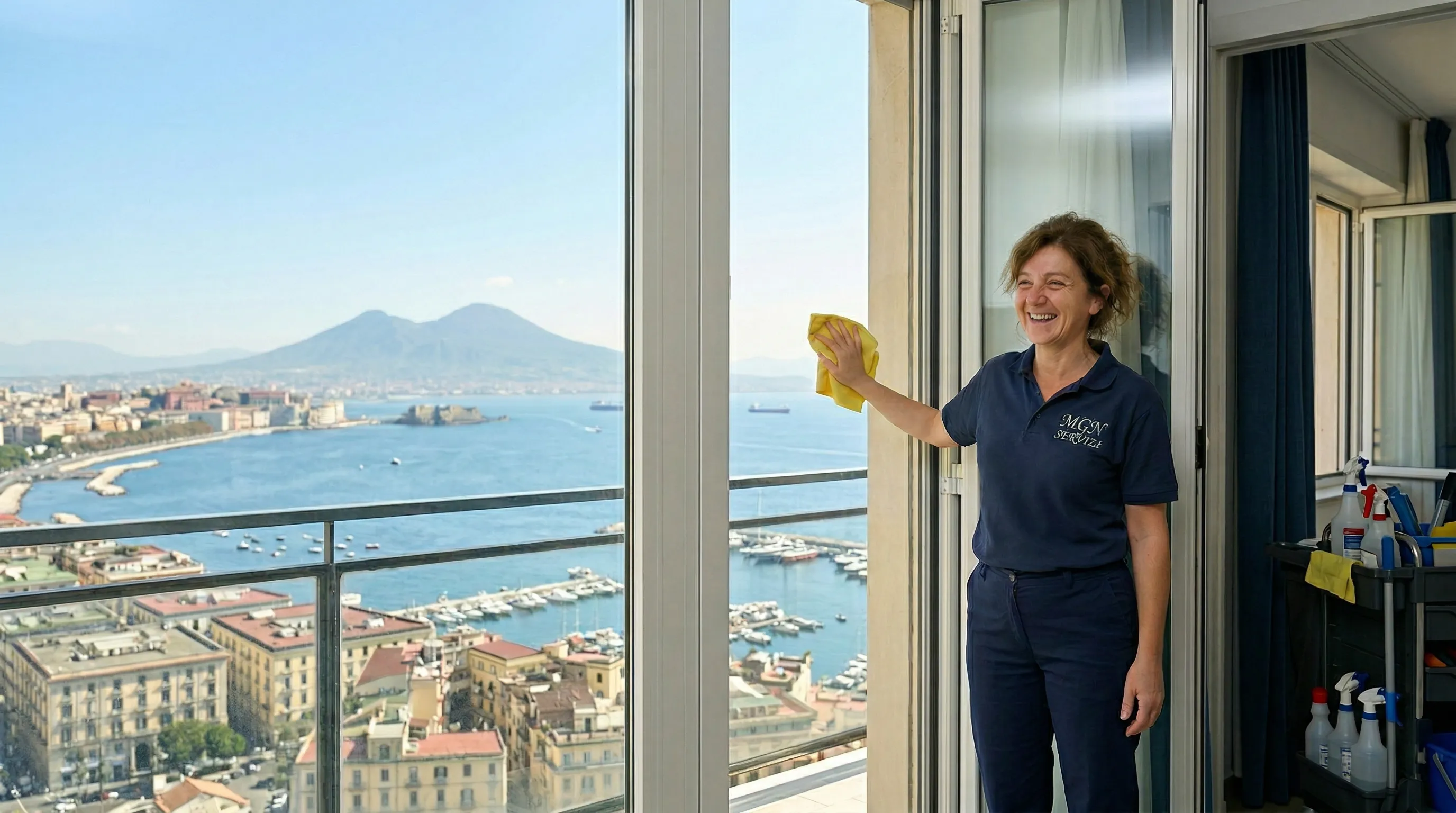 Impresa di pulizie a Napoli: operatrice MGN Servizi che pulisce i vetri di un ufficio moderno
