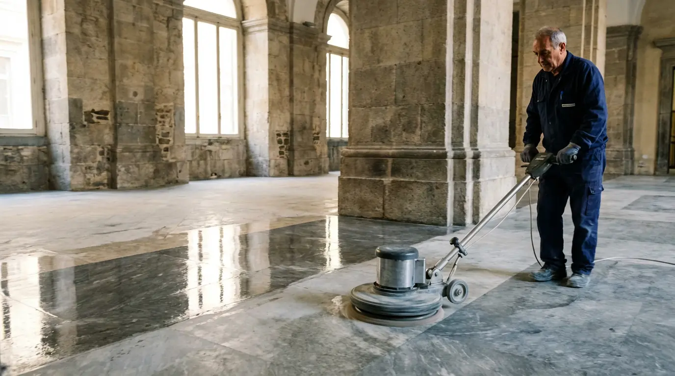 Servizio di cristallizzazione e lucidatura pavimenti in marmo e linoleum a Napoli - Ripristino lucentezza a specchio con macchinari professionali - MGN Servizi
